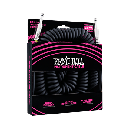 ERNIE BALL P06044 COILED INSTRUMENT CABLE STRAIGHT/STRAIGHT - 30FT - BLACK