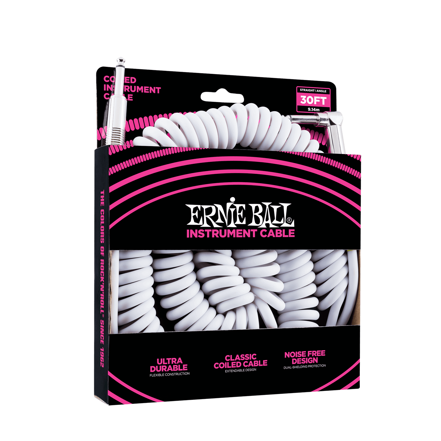 ERNIE BALL P06045 COILED INSTRUMENT CABLE STRAIGHT/ANGLE 30FT - WHITE