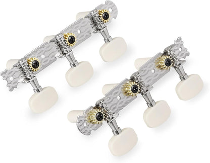 Classical Guitar Tuning Pegs Keys 3+3 Machine Heads Set - Nickel Plated w/ Plastic Button Knobs "White Button"
