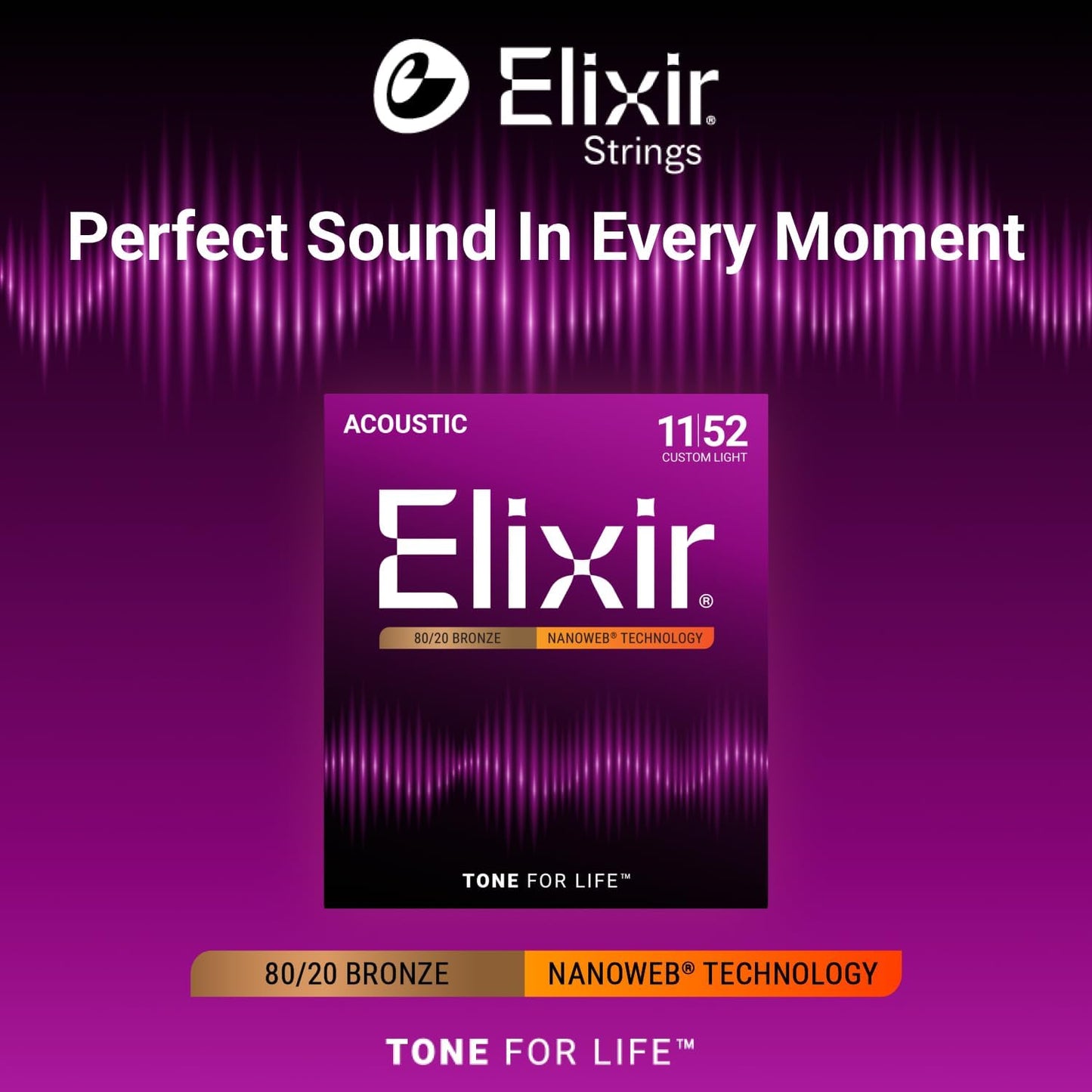 Elixir 11027 80/20 Bronze Acoustic Guitar Strings With NANOWEB Technology (11-52)