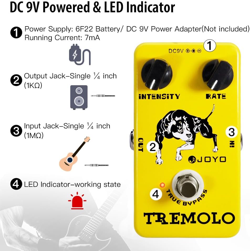 JOYO JF-09 Tremolo Guitar Effects Pedal, Optical Photoelectric Circuit for Classic Tube Amp-Style Tremolo, True Bypass