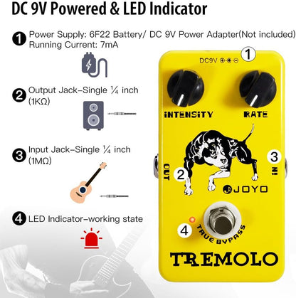 JOYO JF-09 Tremolo Guitar Effects Pedal, Optical Photoelectric Circuit for Classic Tube Amp-Style Tremolo, True Bypass