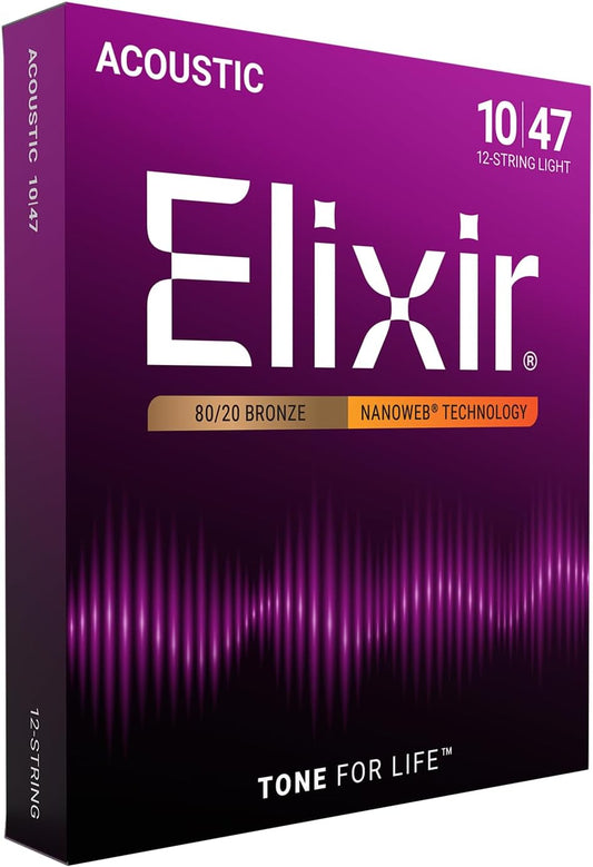 Elixir 11152 Strings Acoustic Guitar Strings, 12-String, Light NANOWEB Coating (10-47)
