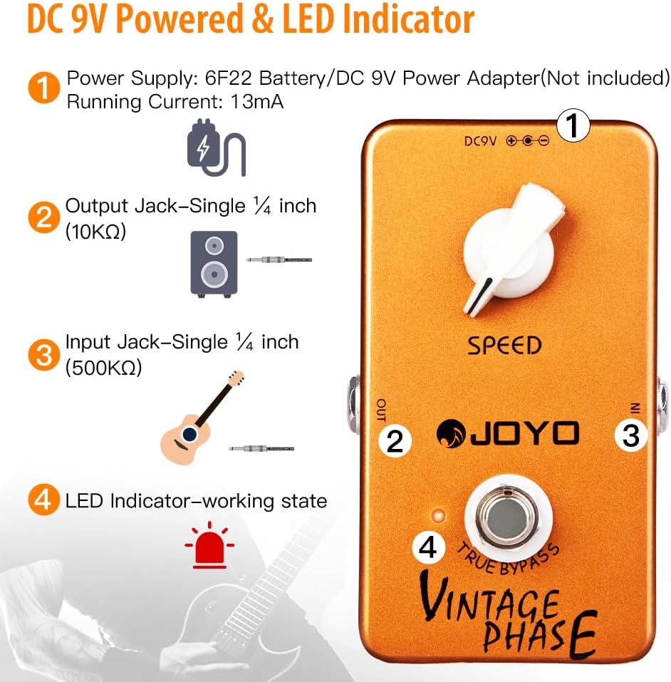 JOYO JF-06 Vintage Phase Guitar Effects Pedal, Analog 70's Classic Phaser Tone with Speed Control for Electric Guitar, True Bypass