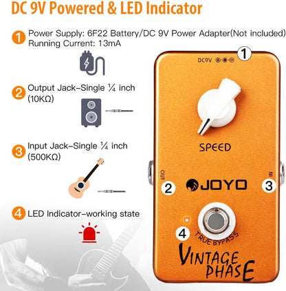 JOYO JF-06 Vintage Phase Guitar Effects Pedal, Analog 70's Classic Phaser Tone with Speed Control for Electric Guitar, True Bypass
