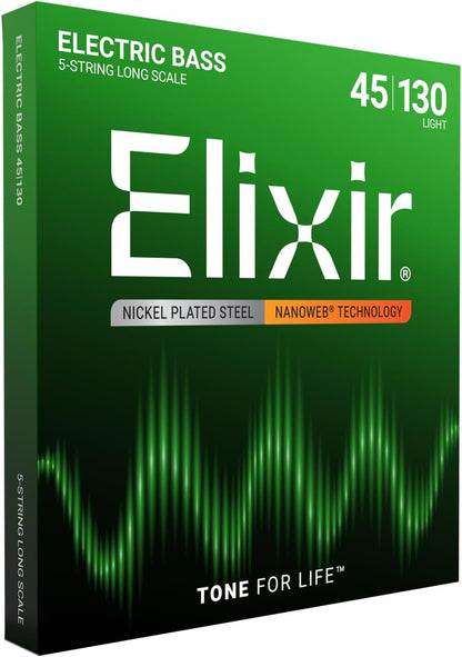 Elixir 14202 Nickel Plated Steel 5-String Bass Strings With NANOWEB Coating Long Scale Light (45-130)