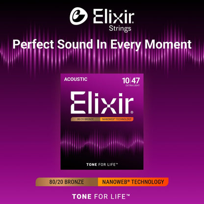 Elixir 11002 80/20 Bronze Acoustic Guitar Strings With NANOWEB Technology (10-47)