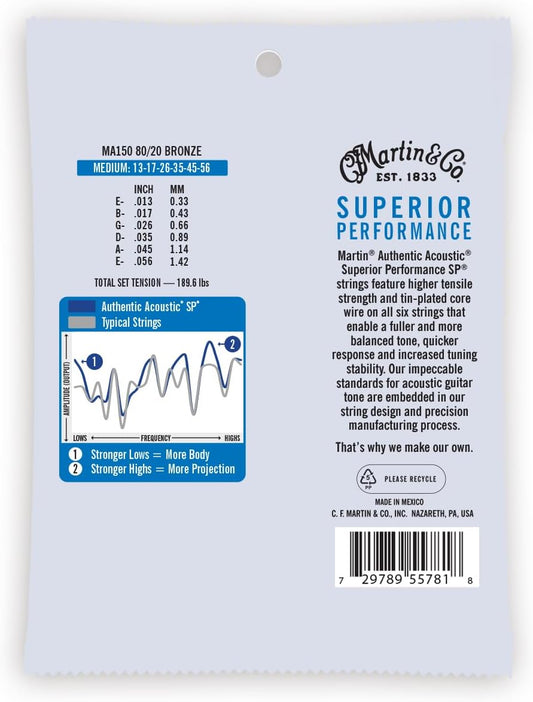 Martin Authentic Acoustic Guitar Strings, Superior Performance Medium (13-56) 80/20 Bronze