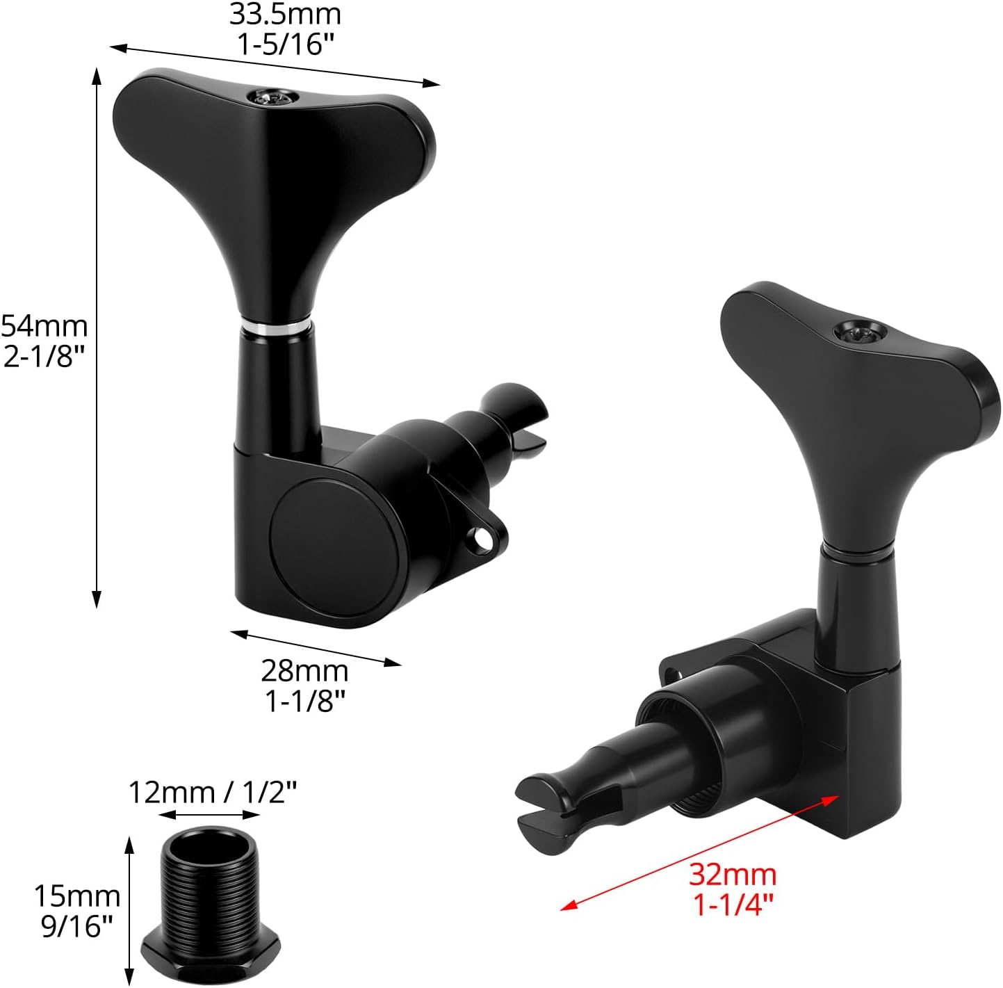 Guitar Bass Tuner - Metal Tuning Peg Key - Black - Right