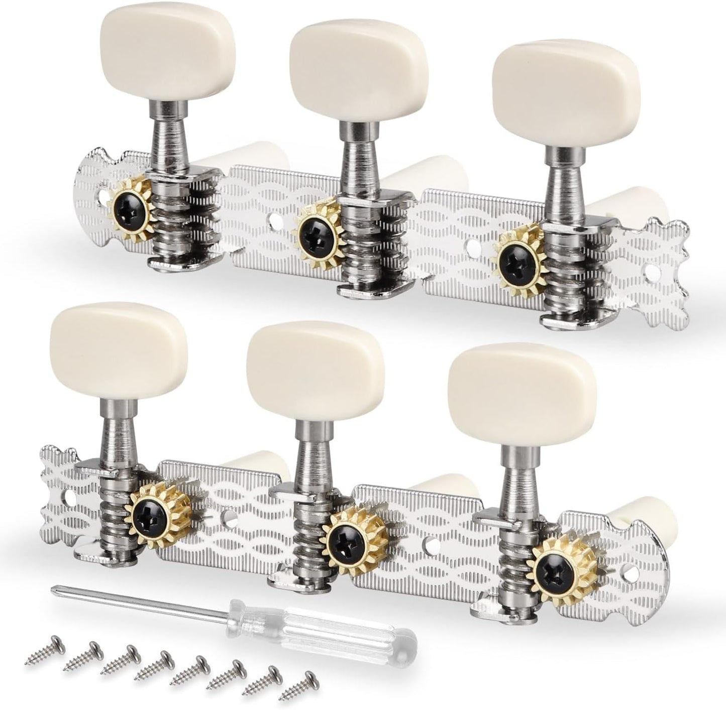 Classical Guitar Tuning Pegs Keys 3+3 Machine Heads Set - Nickel Plated w/ Plastic Button Knobs "White Button"