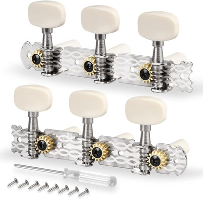 Classical Guitar Tuning Pegs Keys 3+3 Machine Heads Set - Nickel Plated w/ Plastic Button Knobs "White Button"