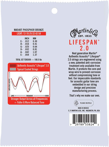 Martin MA540T Authentic Acoustic Lifespan 2.0 Acoustic Guitar Strings (12-54) Light