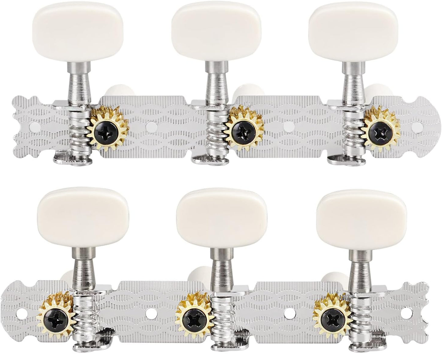 Classical Guitar Tuning Pegs Keys 3+3 Machine Heads Set - Nickel Plated w/ Plastic Button Knobs "White Button"
