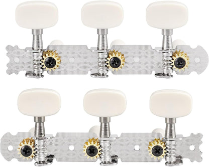 Classical Guitar Tuning Pegs Keys 3+3 Machine Heads Set - Nickel Plated w/ Plastic Button Knobs "White Button"