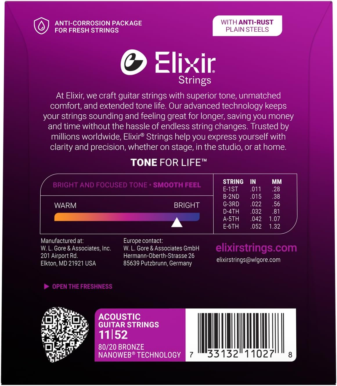Elixir 11027 80/20 Bronze Acoustic Guitar Strings With NANOWEB Technology (11-52)
