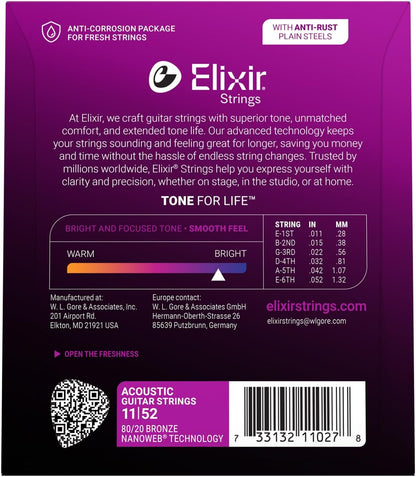 Elixir 11027 80/20 Bronze Acoustic Guitar Strings With NANOWEB Technology (11-52)