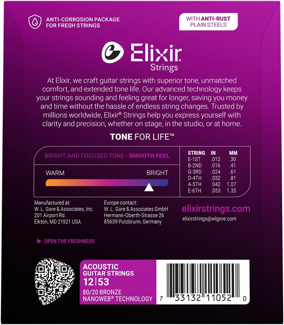 Elixir 11052 80/20 Bronze Acoustic Guitar Strings With NANOWEB Technology (12-53)