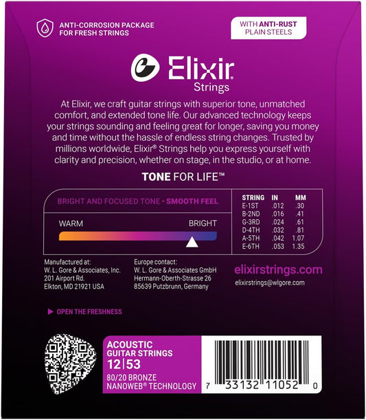 Elixir 11052 80/20 Bronze Acoustic Guitar Strings With NANOWEB Technology (12-53)