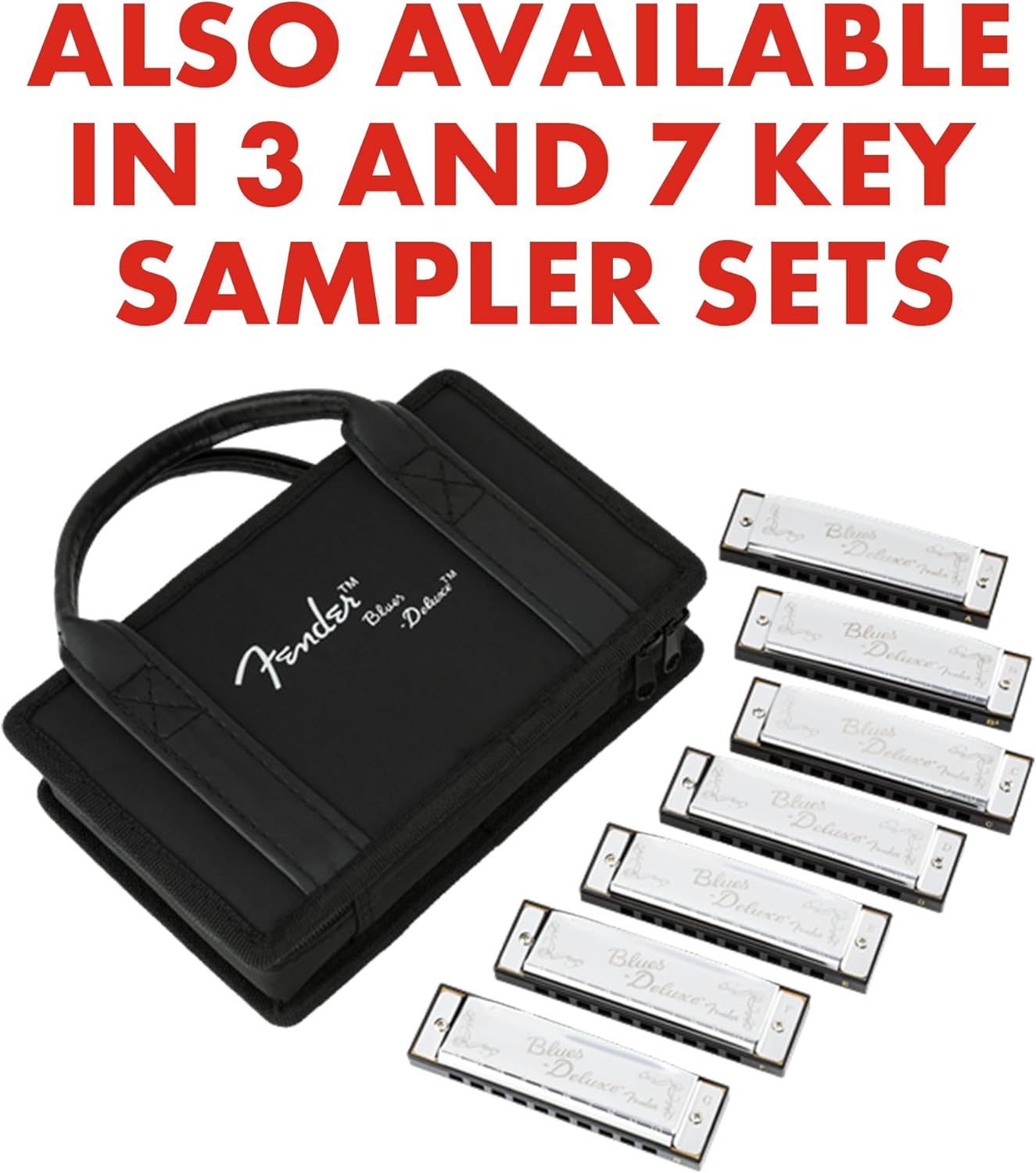 Fender Blues Deluxe Harmonica Set Of 7 - D, G, E, F, C, B Flat & A Keys w/ Soft Case