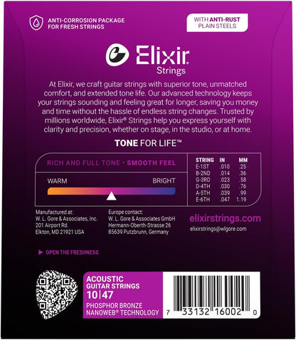 Elixir 16002 Acoustic Guitar Strings Phosphor Bronze With NANOWEB Coating (10-47)