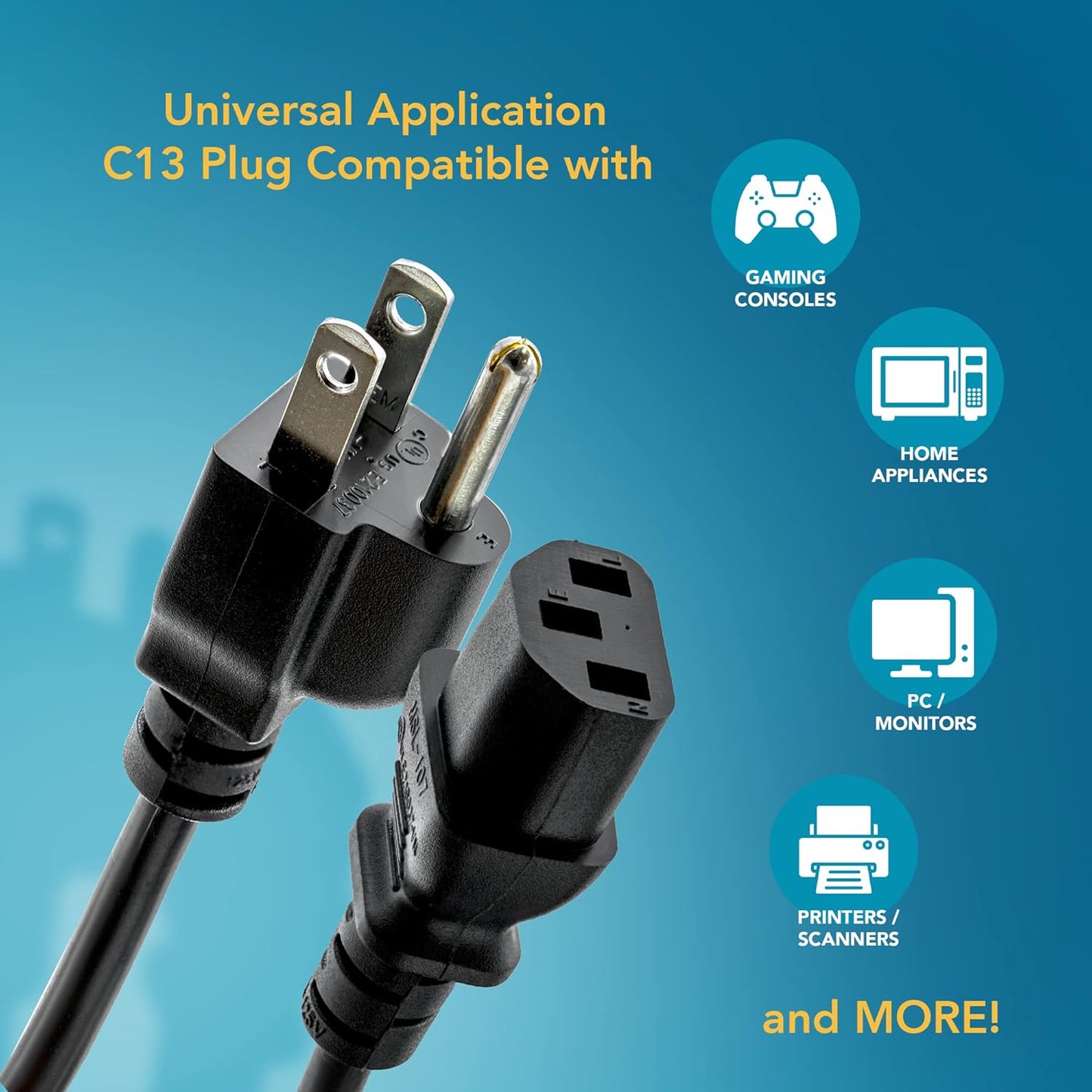 10ft Universal Power Cord 18AWG 10A 125V - Black