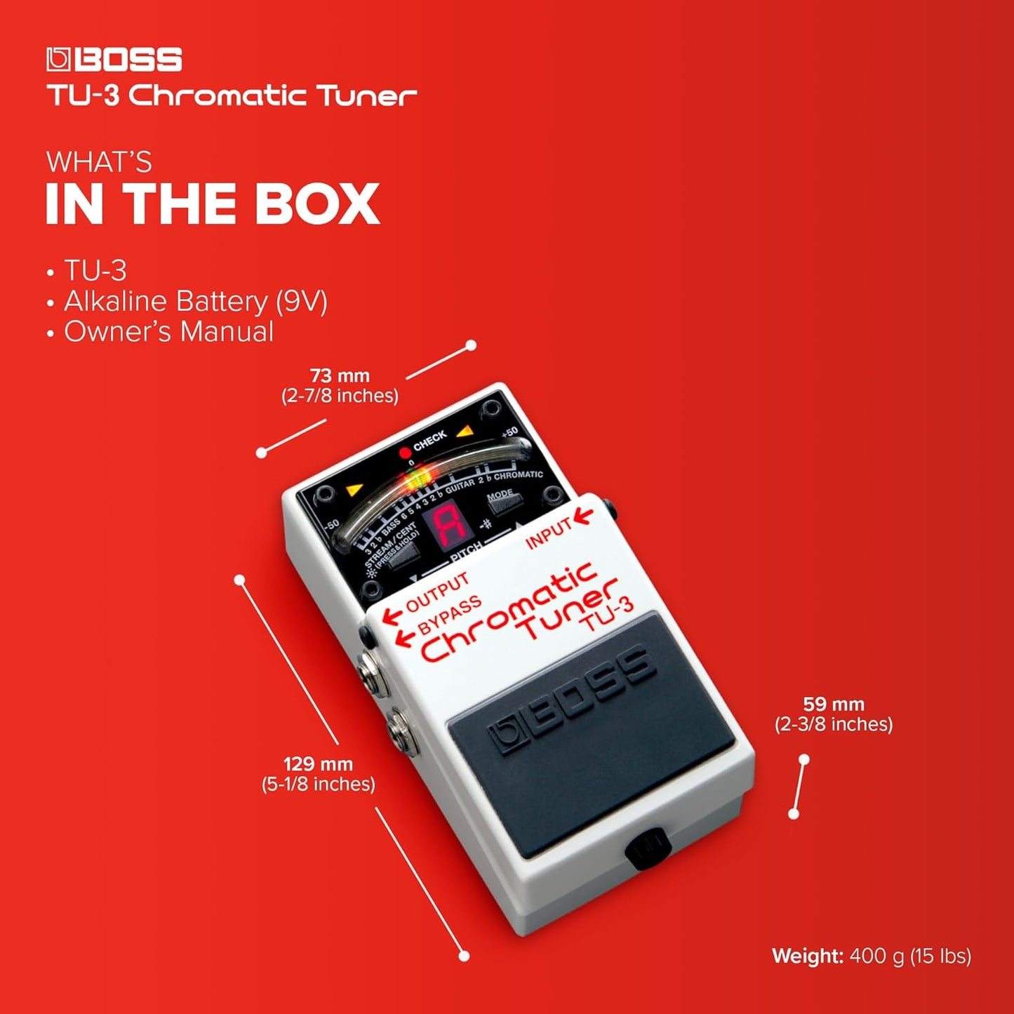 BOSS TU-3 Compact Chromatic Tuner | Perfect for Guitar & Bass | Industry-Standard Performance | Tank-Tough BOSS Stompbox Body | 21-Segment LED Meter | Accu-Pitch Sign Function w/ Original Box & Manual (USED)