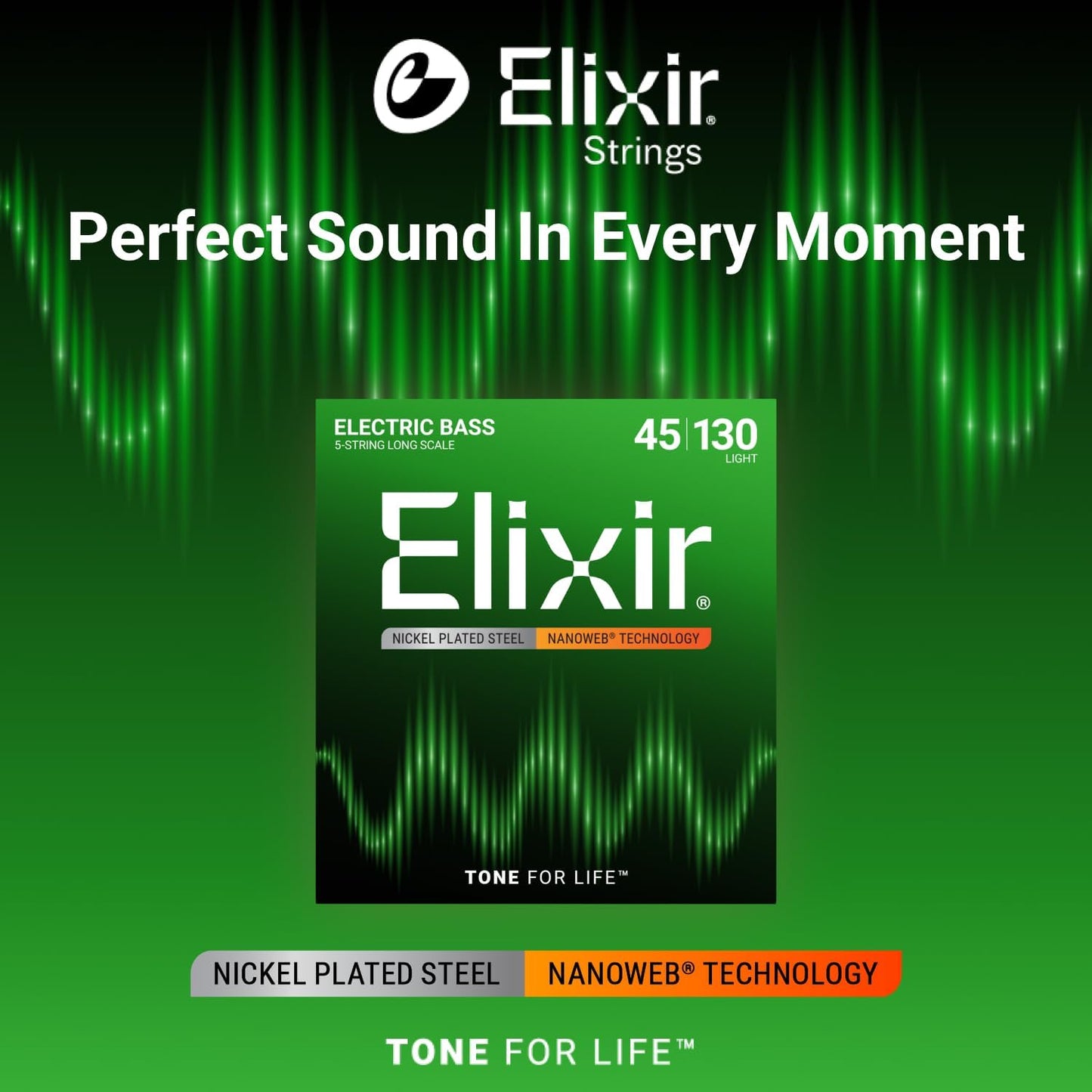 Elixir 14202 Nickel Plated Steel 5-String Bass Strings With NANOWEB Coating Long Scale Light (45-130)