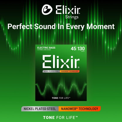 Elixir 14202 Nickel Plated Steel 5-String Bass Strings With NANOWEB Coating Long Scale Light (45-130)