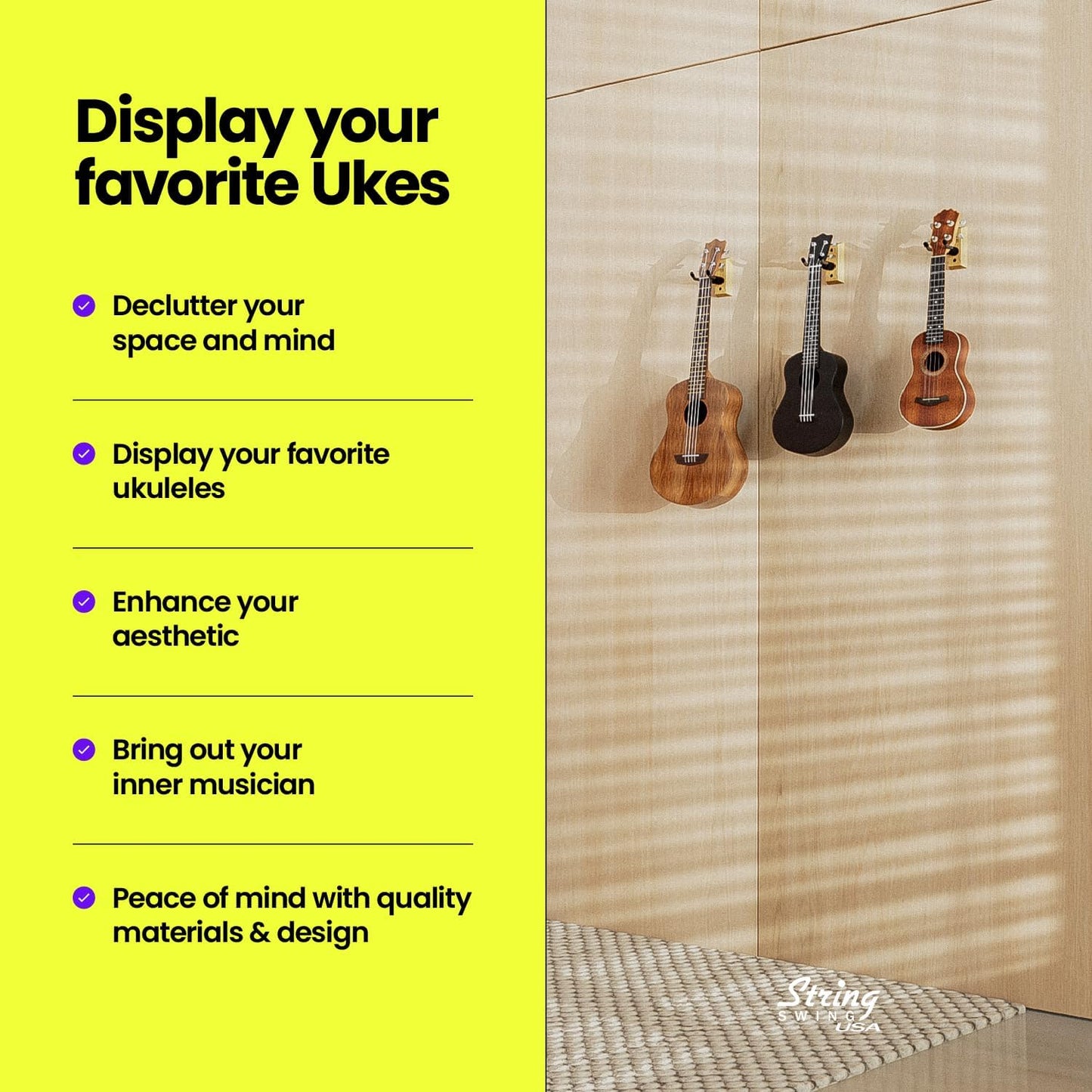 String Swing USA Ukulele/Mandolin Wall Mount Hanger For Home & Studio – Oak Hardwood - CC01UK-O