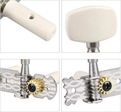 Classical Guitar Tuning Pegs Keys 3+3 Machine Heads Set - Nickel Plated w/ Plastic Button Knobs "White Button"