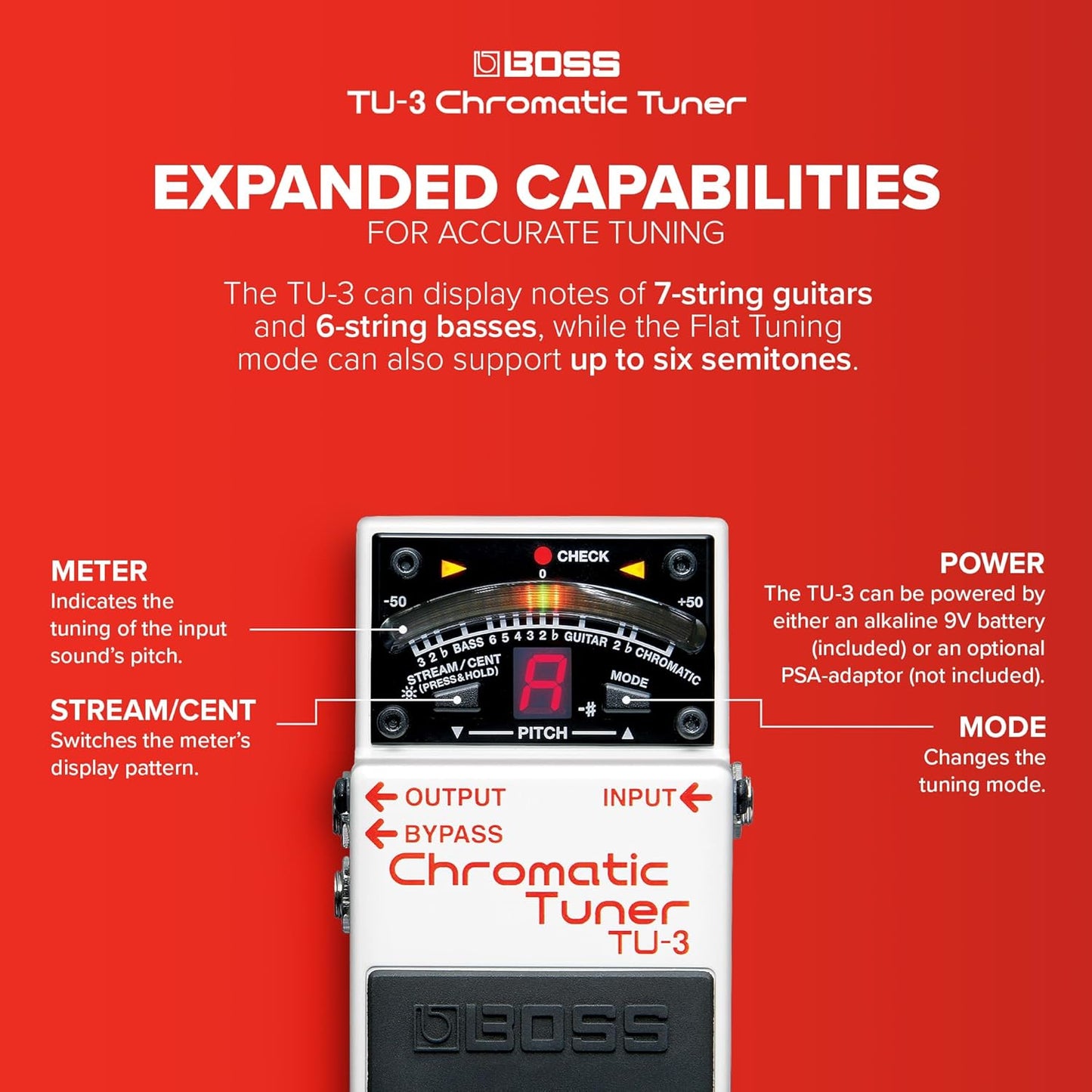BOSS TU-3 Compact Chromatic Tuner | Perfect for Guitar & Bass | Industry-Standard Performance | Tank-Tough BOSS Stompbox Body | 21-Segment LED Meter | Accu-Pitch Sign Function w/ Original Box & Manual (USED)