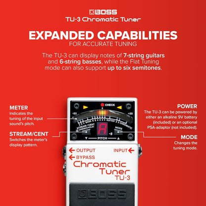 BOSS TU-3 Compact Chromatic Tuner | Perfect for Guitar & Bass | Industry-Standard Performance | Tank-Tough BOSS Stompbox Body | 21-Segment LED Meter | Accu-Pitch Sign Function w/ Original Box & Manual (USED)