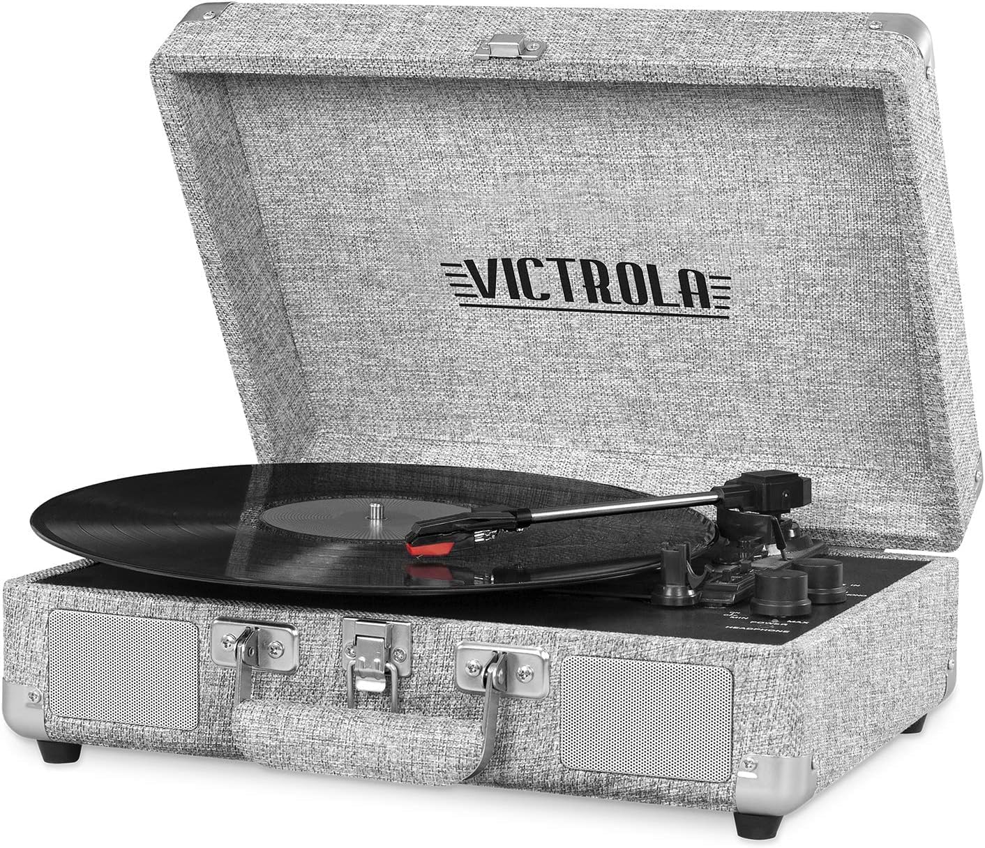 VICTROLA JOURNEY Bluetooth Portable Suitcase Record Player w/ Built-In Speakers, 3 Speed Vinyl Record Player, RCA Out, Headphone Jack - Light Gray