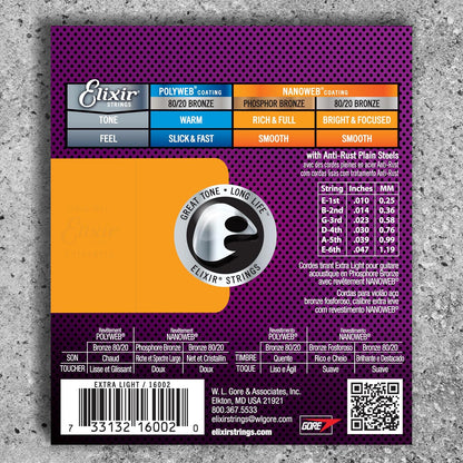 Elixir 16002 Acoustic Guitar Strings Phosphor Bronze With NANOWEB Coating (10-47)