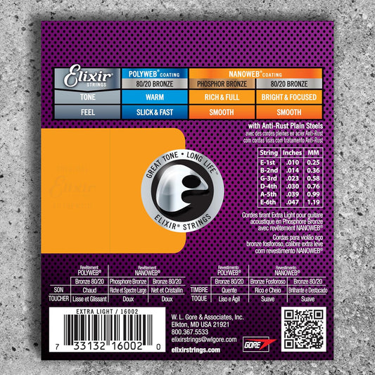 Elixir 16002 Acoustic Guitar Strings Phosphor Bronze With NANOWEB Coating (10-47)