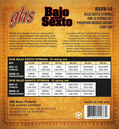 GHS Strings BSXB-12 GHS PHOSPHOR BRONZE BAJO SEXTO - Phosphor Bronze Bajo Sexto - 12 string Set