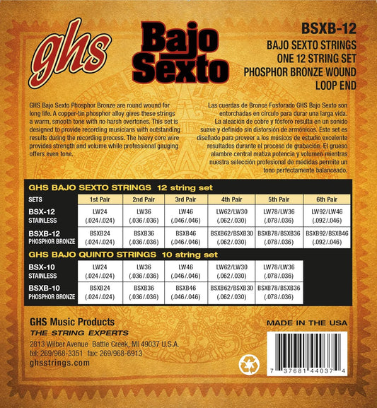 GHS Strings BSXB-12 GHS PHOSPHOR BRONZE BAJO SEXTO - Phosphor Bronze Bajo Sexto - 12 string Set