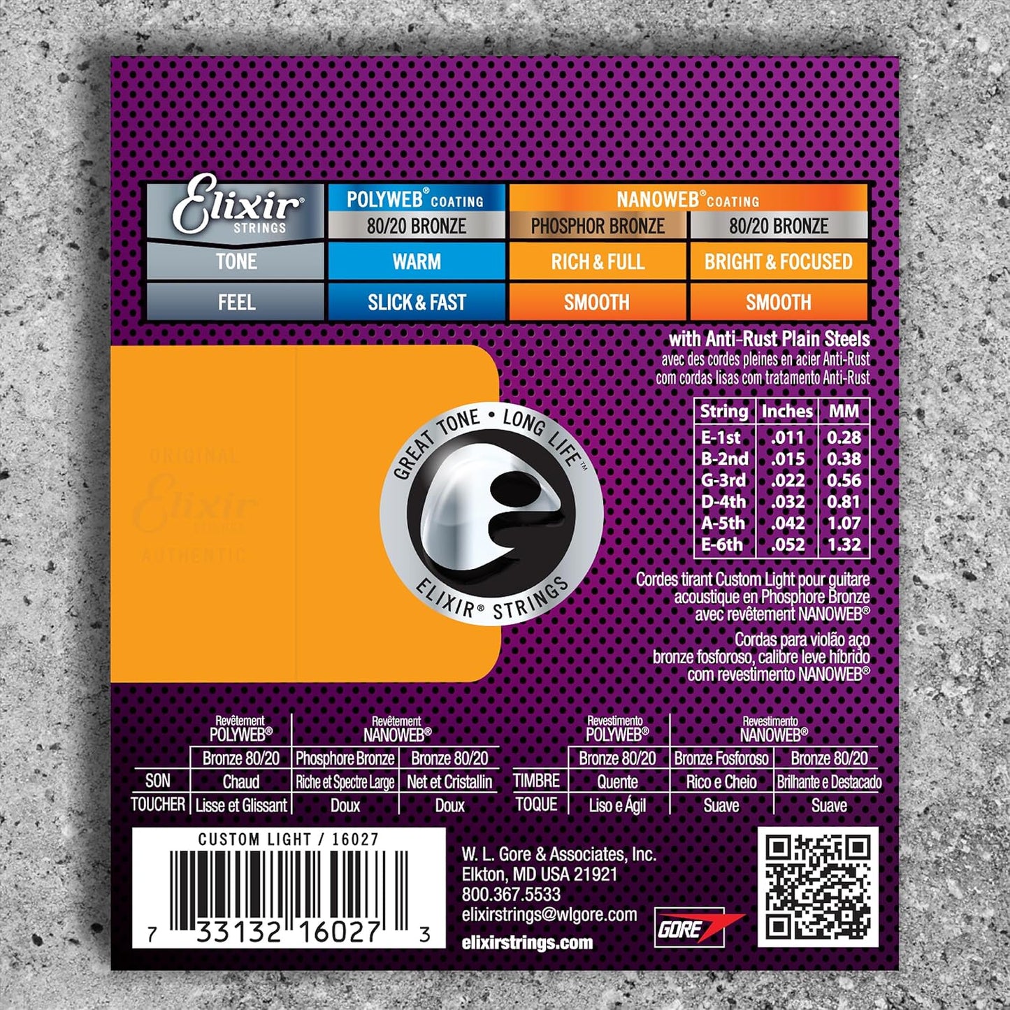 Elixir 16027 Acoustic Guitar Strings Phosphor Bronze With NANOWEB Coating (11-52)