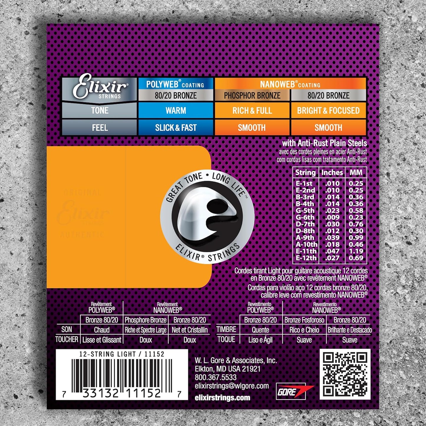 Elixir 11152 Strings Acoustic Guitar Strings, 12-String, Light NANOWEB Coating (10-47)