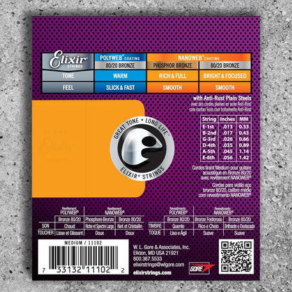 ELIXIR 11102 80/20 Bronze Acoustic Guitar Strings With NANOWEB Technology (13-56)