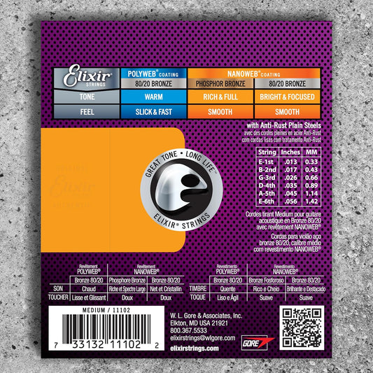 ELIXIR 11102 80/20 Bronze Acoustic Guitar Strings With NANOWEB Technology (13-56)