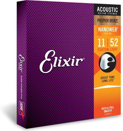 Elixir 16027 Acoustic Guitar Strings Phosphor Bronze With NANOWEB Coating (11-52)