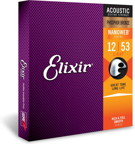 Elixir 16052 Acoustic Guitar Strings Phosphor Bronze With NANOWEB Coating (12-53)