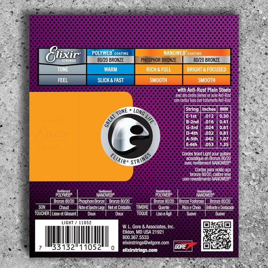 Elixir 11052 80/20 Bronze Acoustic Guitar Strings With NANOWEB Technology (12-53)