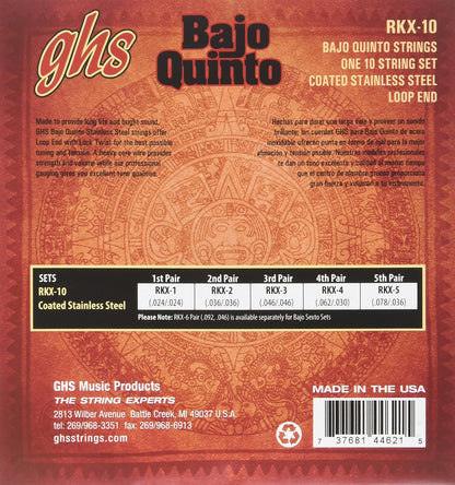 GHS Strings RKX-10 RED COATED STAINLESS STEEL BAJO QUINTO Strings, Loop End - Cuerdas Rojas