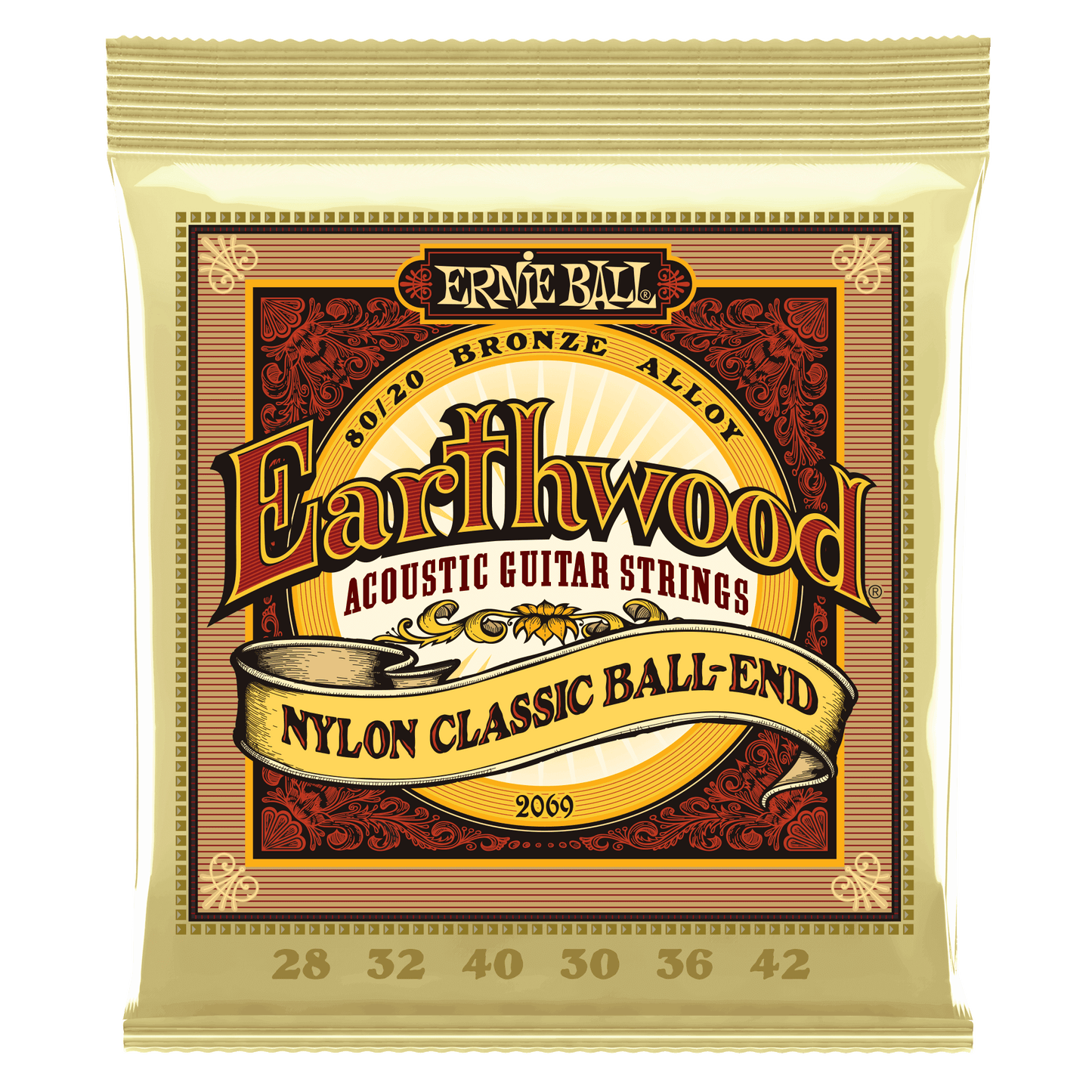 ERINE BALL P02069 Earthwood 80/20 Bronze Nylon Ball End Folk/Classical Guitar Strings - Clear & Gold
