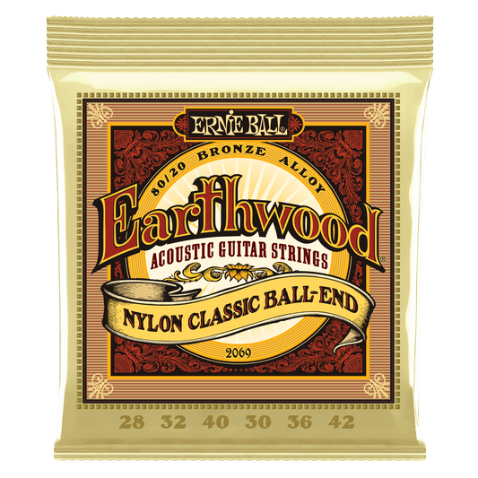 ERINE BALL P02069 Earthwood 80/20 Bronze Nylon Ball End Folk/Classical Guitar Strings - Clear & Gold