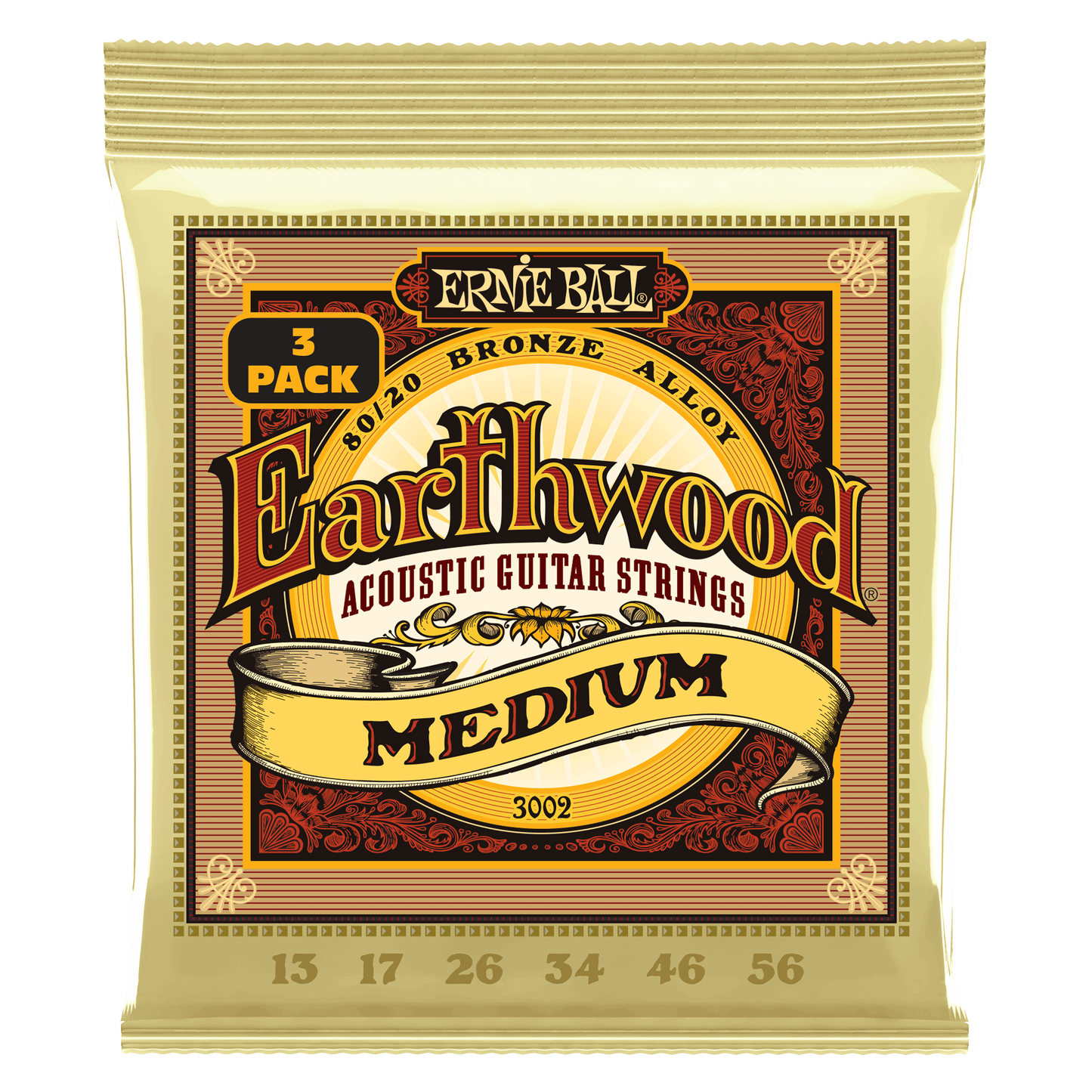 Ernie Ball P03002 Medium Earthwood 80/20 Bronze Acoustic Guitar Strings (13-56) Gauge - 3 Pack