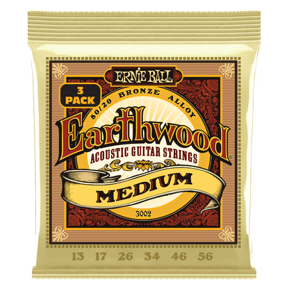 Ernie Ball P03002 Medium Earthwood 80/20 Bronze Acoustic Guitar Strings (13-56) Gauge - 3 Pack