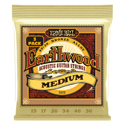 Ernie Ball P03002 Medium Earthwood 80/20 Bronze Acoustic Guitar Strings (13-56) Gauge - 3 Pack